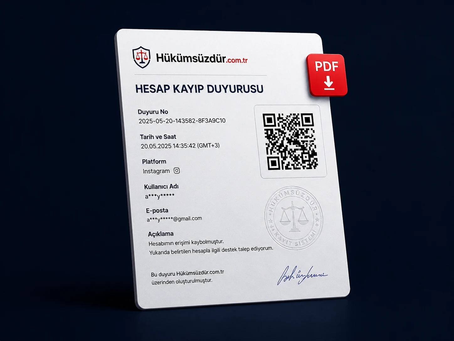 Örnek hesap kayıp duyurusu PDF görünümü